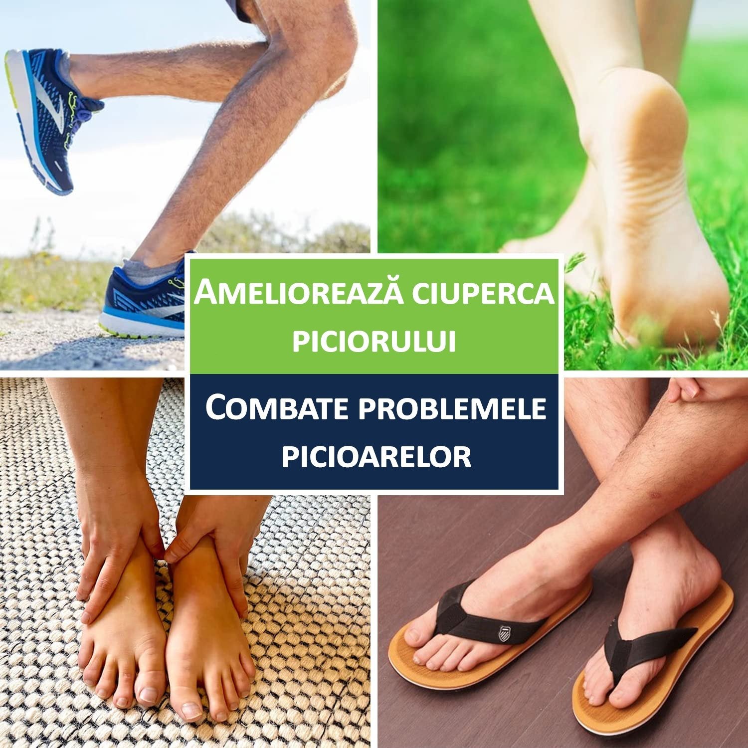 picioare incălțate cu  adidasi și papuci , și picioare desculțe pe covor și iarbă