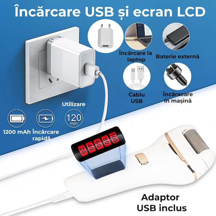 Pilă Electrică Profesională pentru Călcâi Regal Bliss® – Set Complet cu Accesorii, LCD, Rezistentă la Apă