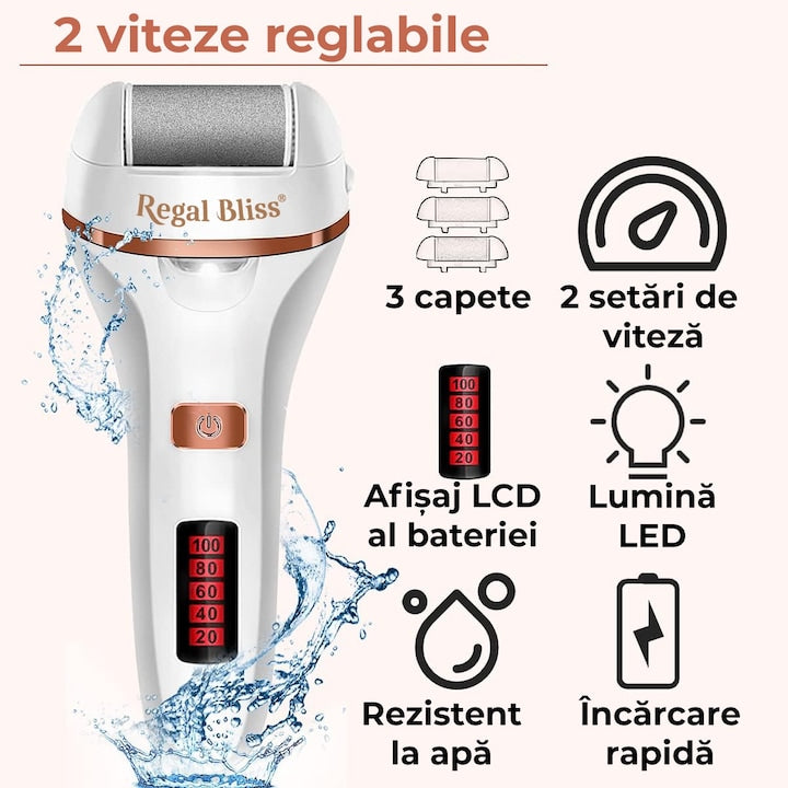 pilă electrică Regal bliss,2 viteze, 3 capete, afisaj LCD, lumina led, rezistentă la apa, încărcare raidă